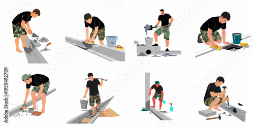 Set of vector illustrations showing a man performing various construction, maintenance, and repair tasks on concrete curbs and drainage systems.