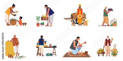 Set of flat vector characters showing Indian men in traditional dress engaged in agricultural activities, selling fruits, and everyday life scenes.
