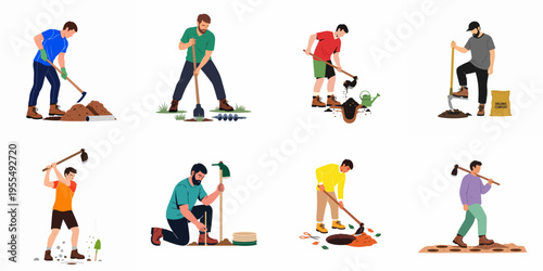 Collection of diverse men engaged in various gardening and farming activities such as digging, planting, and using agricultural tools on white background.