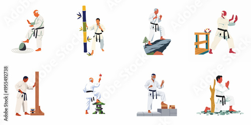 A collection of martial arts masters in white uniforms practicing diverse training techniques, balancing, and meditation in nature-inspired settings.