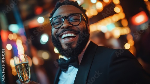 A joyful man smiles while holding a glass of champagne amidst twinkling lights, perfectly capturing the essence of celebration, happiness, and memorable moments in life.