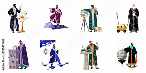 Diverse set of eight illustrations featuring astronomers and astrologers studying the cosmos, planets, and celestial bodies with various scientific and mystical tools.