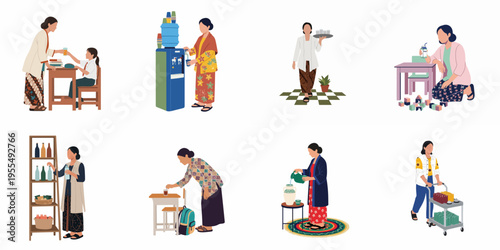 Set of flat vector illustrations depicting Indonesian women in traditional and casual dress serving drinks, organizing bottles, and caring for children.