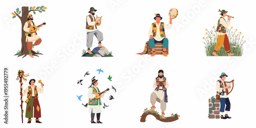 Collection of medieval minstrels and folk musicians in colorful patchwork costumes playing various traditional instruments in nature-themed illustrations.