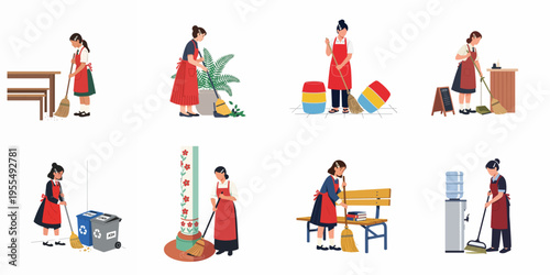 Collection of flat illustrations featuring girls and women in school uniforms and aprons cleaning various indoor and outdoor spaces with brooms.