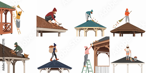 A collection of illustrations showing women cleaning autumn leaves from gazebo roofs and gutters using brooms, rakes, and ladders.