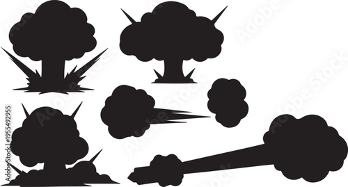 A collection of black silhouette icons depicting various styles of explosions and cloud bursts isolated on transparent background, Vector