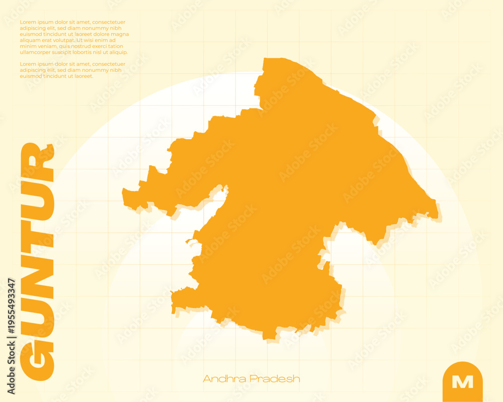 Fototapeta premium Premium, fully editable vector map of Guntur district, Andhra Pradesh. A versatile illustration with scalable layers, perfect for professional geographic design and customisation.