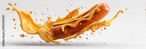 Levitating Hot Dog with Mustard Sauce Splash on White Background