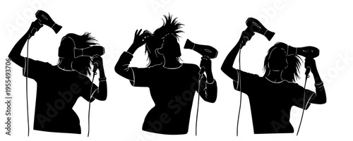 Dynamic Silhouettes Showcasing Energetic Hair Styling with Hairdryers, Capturing the Essence of a Modern Beauty Routine and Personal Grooming Process