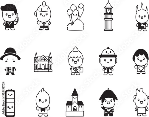 A collection of cute black and white vector icons featuring various characters and landmarks set isolated on transparent background, Vector