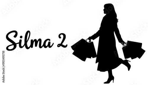 Elegant silhouette of a woman joyfully carrying multiple shopping bags, depicting a successful retail therapy session or a busy day of consumerism and fashion