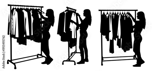 Silhouettes of women interacting with clothing racks, depicting various aspects of retail shopping, fashion choices, and personal style; an illustration for apparel businesses and wardrobe organizatio
