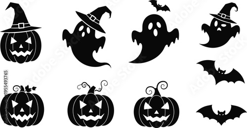 Halloween Icon Set with Pumpkin Jack O Lantern Ghosts Bats and Witch Hat Spooky Silhouettes for Holiday Decoration Party Design and Seasonal Illustration