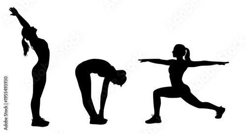 Dynamic Silhouettes of Individuals Engaged in Various Stretching and Yoga Poses, Representing Fitness, Flexibility, and Well-being Through Physical Exercise