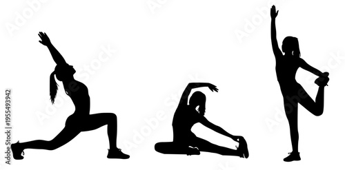 Silhouette images of women performing various yoga and stretching exercises, promoting fitness and wellness
