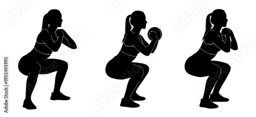 Collection of female silhouettes showcasing fundamental squat exercises for comprehensive lower body strength and fitness, suitable for workout programs and health education