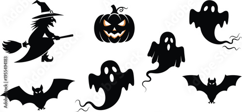 Halloween Silhouette Icon Set with Witch Ghosts Bats and Pumpkin Spooky Characters for Holiday Decoration Party Design and Seasonal Illustration