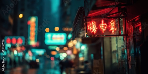 Vibrant Neon Sign in a Rainy City Night Street
