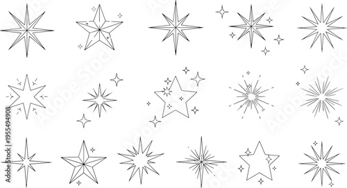 Hand Drawn Starburst Sparkle Set with Doodle Stars Twinkle Effects and Radiant Shapes for Decoration Holiday Design and Creative Illustration Elements