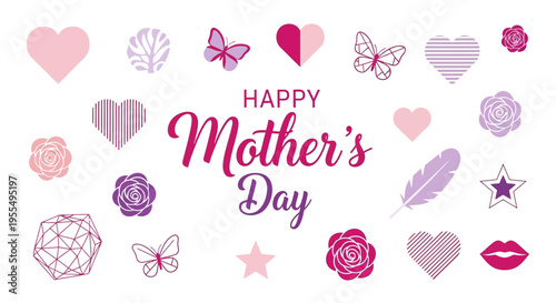 Happy Mother's Day Typography Banner with Hearts, Flowers, Butterflies and Romantic Icons. Pink and Purple Festive Celebration Design on White Background.