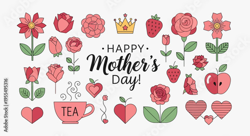 Happy Mother's Day Vector Icon Set with Pink Flowers, Roses, Hearts, and Tea Cup; Modern Geometric Line Art Illustrations for Greeting Cards and Social Media Design