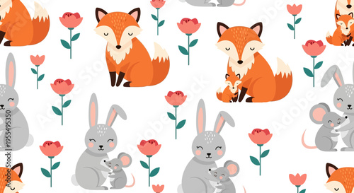 Adorable Woodland Animals Seamless Pattern with Foxes Rabbits Mice and Flowers for Nursery and Kids Textile Design