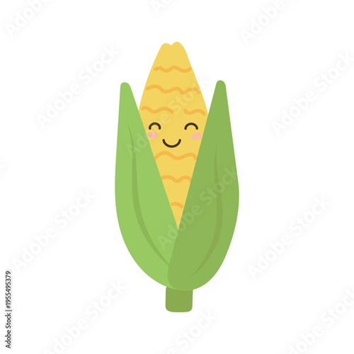 Corn food illustration and cartoon design icon with character cute nature. Isolated summer background and corn vegetable plant with farm white food. Health corn graphic and healthy cartoon