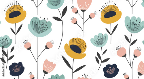 Seamless Scandinavian Floral Pattern with Minimalist Wildflowers in Pastel Colors on White Background. Decorative Retro Botanical Design for Textile and Wallpaper.