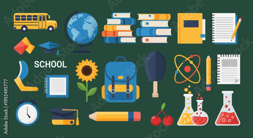 Back to School Education Icons Set, Flat Vector Illustration of School Supplies, Science Equipment, and Graduation Elements on Green Background