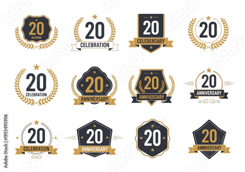Set of 12 Premium 20th Anniversary Logo Templates with Golden Laurel Wreaths, Ribbons, and Elegant Badges for Birthday and Corporate Jubilee Celebrations