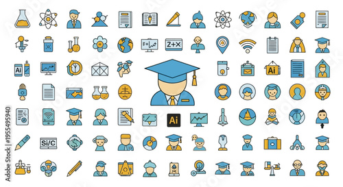 Comprehensive Education and Science Icon Set - Flat Vector Graphics for Learning, STEM, Academic Research, and E-Learning