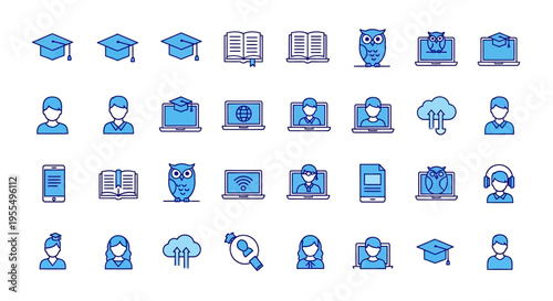 Online Learning and Education Icon Set - Blue Flat Line Symbols for E-learning, Distance Study, and Academic Success