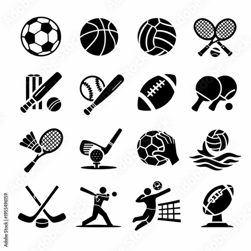 Black sports equipment and game icons set with soccer, basketball, volleyball, tennis, baseball, football, hockey, golf and swimming symbols vector illustration