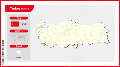 Vector illustration map of Türkiye. Includes national flag, location, and capital information.