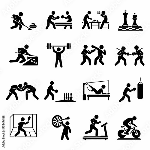 Black indoor sports and games icons set with curling, table tennis, chess, billiards, weightlifting, boxing, wrestling, bowling, darts, treadmill and cycling vector illustration