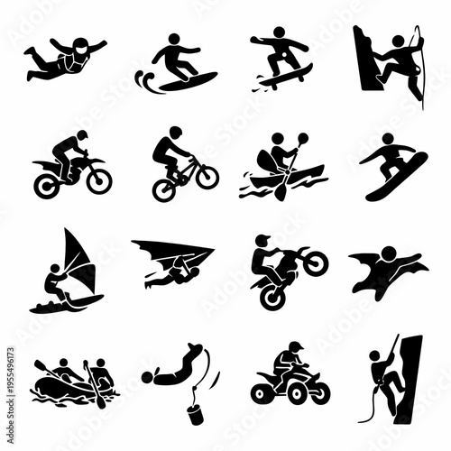 Black extreme sports icons set with skydiving, surfing, skateboarding, climbing, motocross, kayaking, windsurfing and adventure activity silhouettes vector illustration