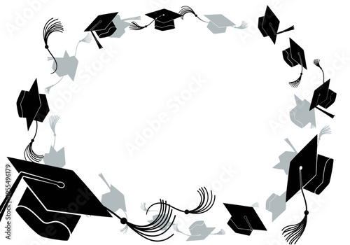 Graduation Caps Circular Frame Illustration with Copy Space - Black and Grey Vector Mortarboards Flying in the Air Background for Commencement Ceremony Invitations