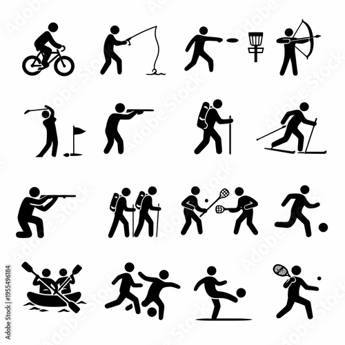 Black racing and cycling icons set with bicycle riders, motorbike, car, go kart, finish flag, podium, trophy and championship symbols vector illustration