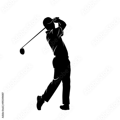 Black golfer silhouette swinging club vector illustration isolated on light background, dynamic sport action pose
