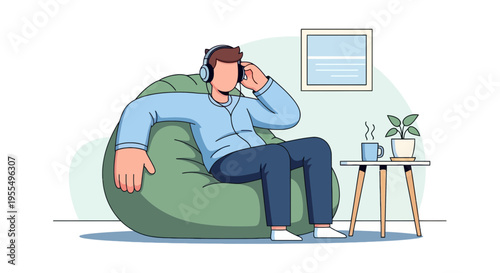 Modern vector illustration of man relaxing on bean bag chair with headphones, cozy home listening scene with coffee table and plant interior