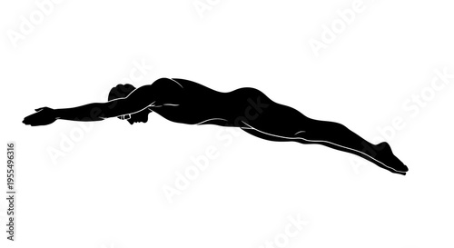 Black swimmer silhouette in freestyle stroke vector illustration isolated on light background, dynamic aquatic sport action pose
