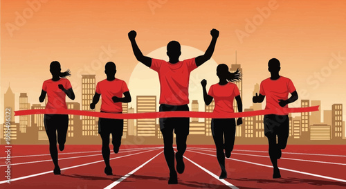Vector illustration of marathon runners crossing finish line on city track at sunrise, dynamic race competition scene with winning athlete and urban skyline