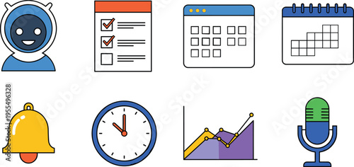 Productivity and Scheduling Icon Set Featuring Calendar, Checklist, Notifications, Clock, Analytics Chart and Voice Assistant Elements in Modern Flat Vector Style