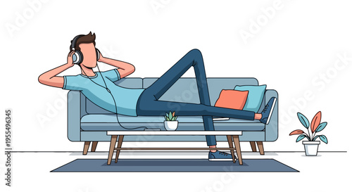 Modern vector illustration of young man relaxing on sofa with headphones, listening to music at home in cozy living room interior