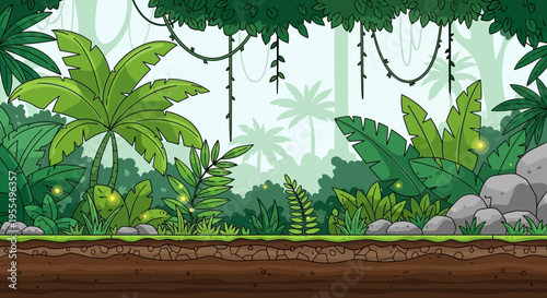Cartoon Jungle 2D Game Background for Side-scroller, Tropical Rainforest Vector Illustration with Soil Layers and Lush Foliage