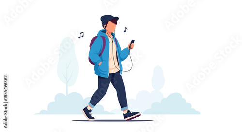 Modern vector illustration of young person walking outdoors with smartphone and earphones, casual urban lifestyle scene with backpack and music notes