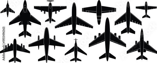 Collection of airplane silhouettes isolated on white background, detailed vector set of various aircraft including passenger jets, cargo planes and military aviation designs