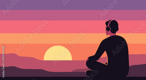 Minimalist vector illustration of person wearing headphones watching sunset over calm hills, purple and pink gradient evening landscape with peaceful music listening mood