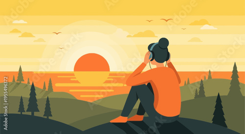 Minimalist vector illustration of woman listening to music with headphones watching sunset landscape over hills and forest, calm evening nature scene with warm orange tones